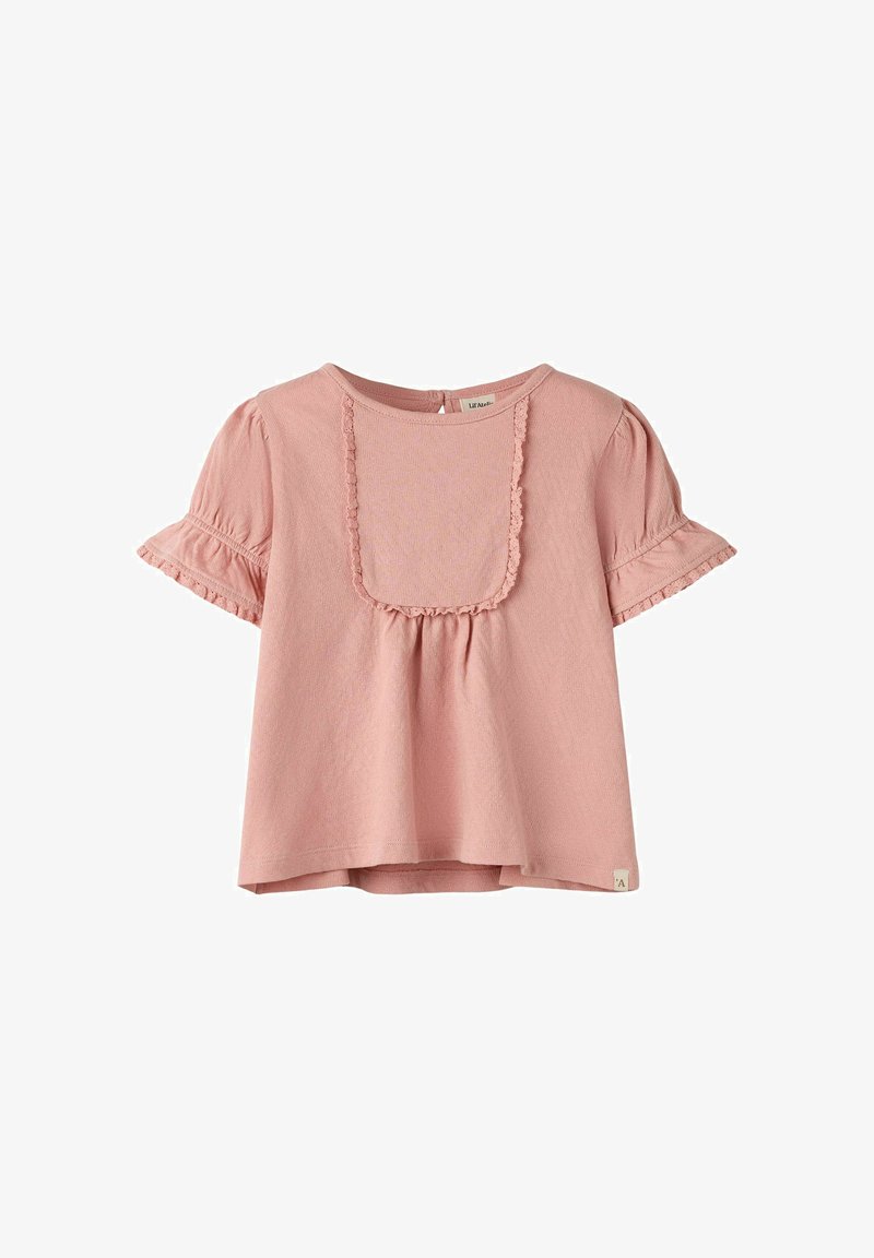 Mäkká ružová krátkorukávová blúzka pre batoľatá s nariaseným lemom okolo štvorcového zapínania a okrajov rukávov, vyrobená z ľahkej látky.