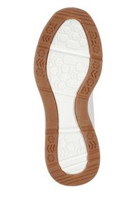 Suola della scarpa con una superficie in gomma bianca testurizzata e un battistrada marrone a motivo per una migliore aderenza. Sono visibili design esagonali e lineari.