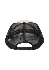 Black mesh back cap with a curved brim, featuring a solid front panel and adjustable snap closure. Textured fabric with ventilation holes.