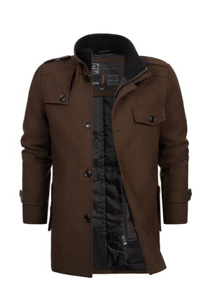 Brown wool-blend coat with a zip and button closure, large front pockets, and a stand collar. Lined with black fabric, featuring shoulder epaulets.