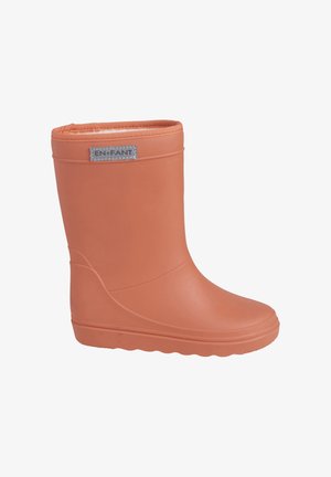 Stivale da pioggia in gomma arancione per bambini con una fodera interna morbida e etichetta "EN FANT" sulla parte superiore anteriore.