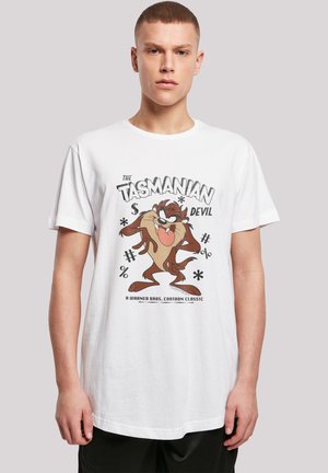 White cotton t-shirt featuring a graphic of the Tasmanian Devil character, with black text and playful symbols. Standard fit, short sleeves.