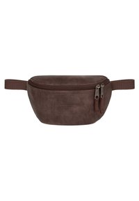 Hnědá kožená zipová taštička s zakřiveným tvarem, dvěma zipovými taháčky a textilním držadlem. Texturovaný povrch s jemně embosovaným logem značky.