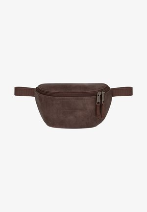 Brązowa skórzana saszetka z zamkiem w kształcie zaokrąglonym, z dwoma suwakami i materiałową rączką. Teksturowana powierzchnia z dyskretnym wytłoczonym logo marki.