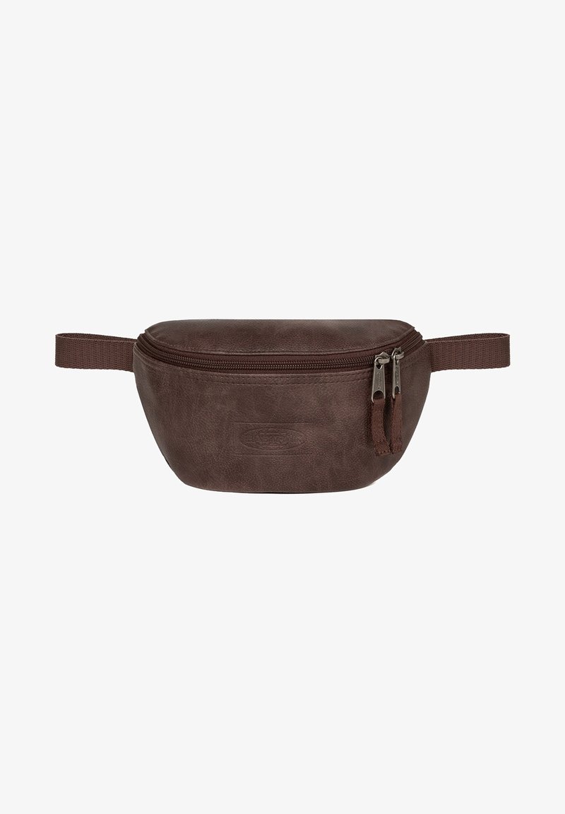 Hnědá kožená zipová taštička s zakřiveným tvarem, dvěma zipovými taháčky a textilním držadlem. Texturovaný povrch s jemně embosovaným logem značky.