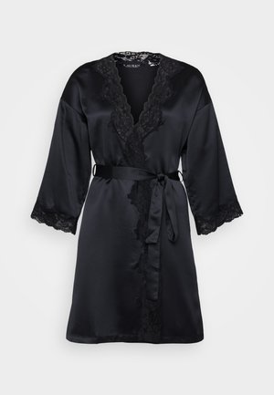 Black satin robe with lace trim along the neckline and sleeves. Features a front tie closure and three-quarter length sleeves.