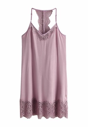 Lavendelfarbenes ärmelloses Slip-Kleid mit verstellbaren dünnen Trägern, V-Ausschnitt, Spitzenbesatz am Ausschnitt und Saum sowie Spitzendetail am Racerback.