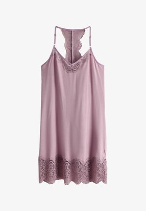 Lavendelfarbenes ärmelloses Slip-Kleid mit verstellbaren dünnen Trägern, V-Ausschnitt, Spitzenbesatz am Ausschnitt und Saum sowie Spitzendetail am Racerback.