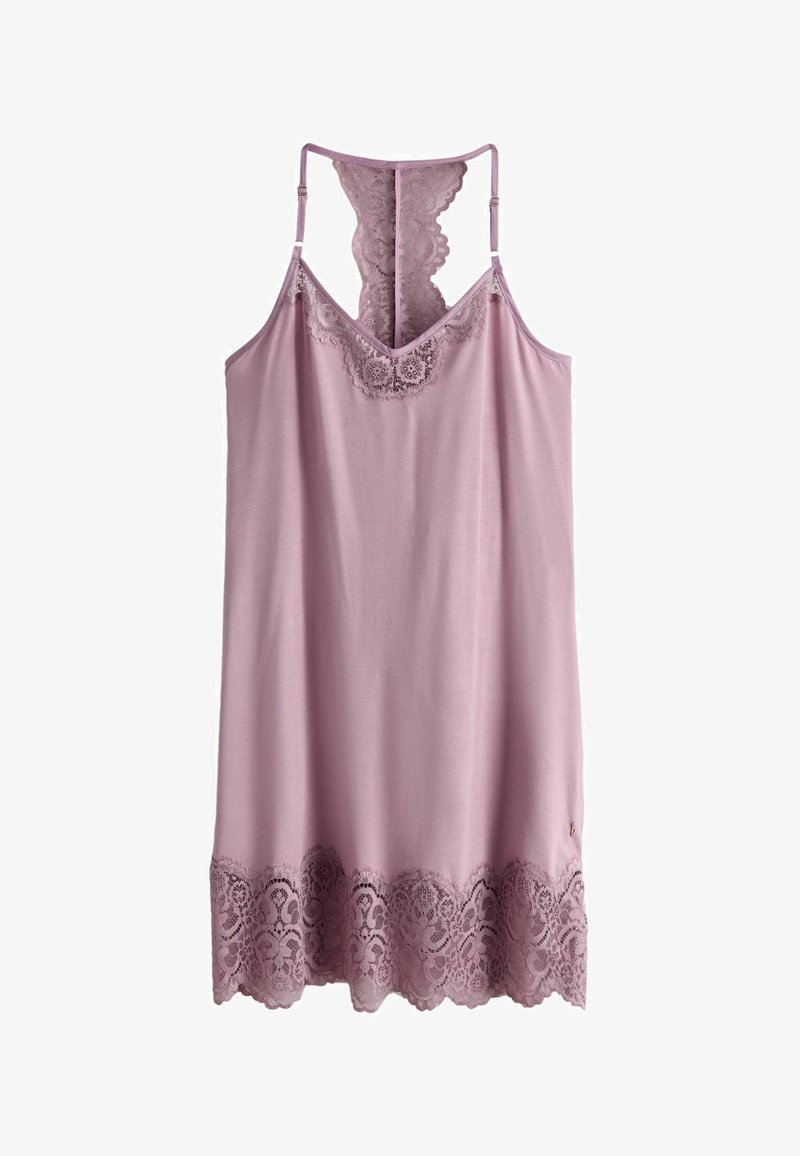 Levendulalila ujjatlan szlip ruha állítható vékony pántokkal, V-nyakkivágással, csipkebetéttel a nyakkivágásnál és az alján, valamint csipkés racerváll részlettel.