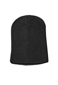 Caciulă neagră din tricot, cu vârful rotunjit și marginea ușor răsucită. Textura este netedă, cu un model uniform.