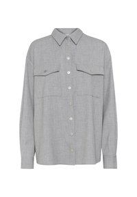 Camicia grigia con bottoni e maniche lunghe, realizzata in un tessuto testurizzato. Presenta due tasche sul petto e chiusura con bottoni argentati sul davanti.