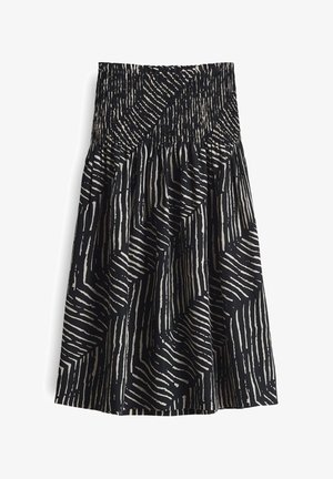 Gonna nera smockata con motivo astratto a righe bianche, lunghezza al ginocchio, tessuto leggero, dotata di vita testurizzata e silhouette fluida.
