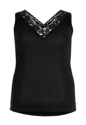 Top negru fără mâneci, cu decolteu în V, detaliat cu dantelă cu model floral.