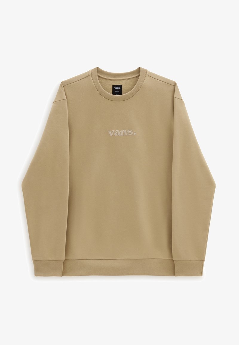 Felpa beige con scollo rotondo, maniche lunghe e un discreto logo "vans." ricamato sul petto. Tessuto morbido e liscio.