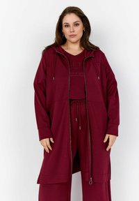Burgunderfarbener Kapuzenpullover mit Reißverschluss, Kordelzug, langen Ärmeln und seitlichen Schlitzen, kombiniert mit einem passenden Oberteil. Glatte Textur und lockere Passform.