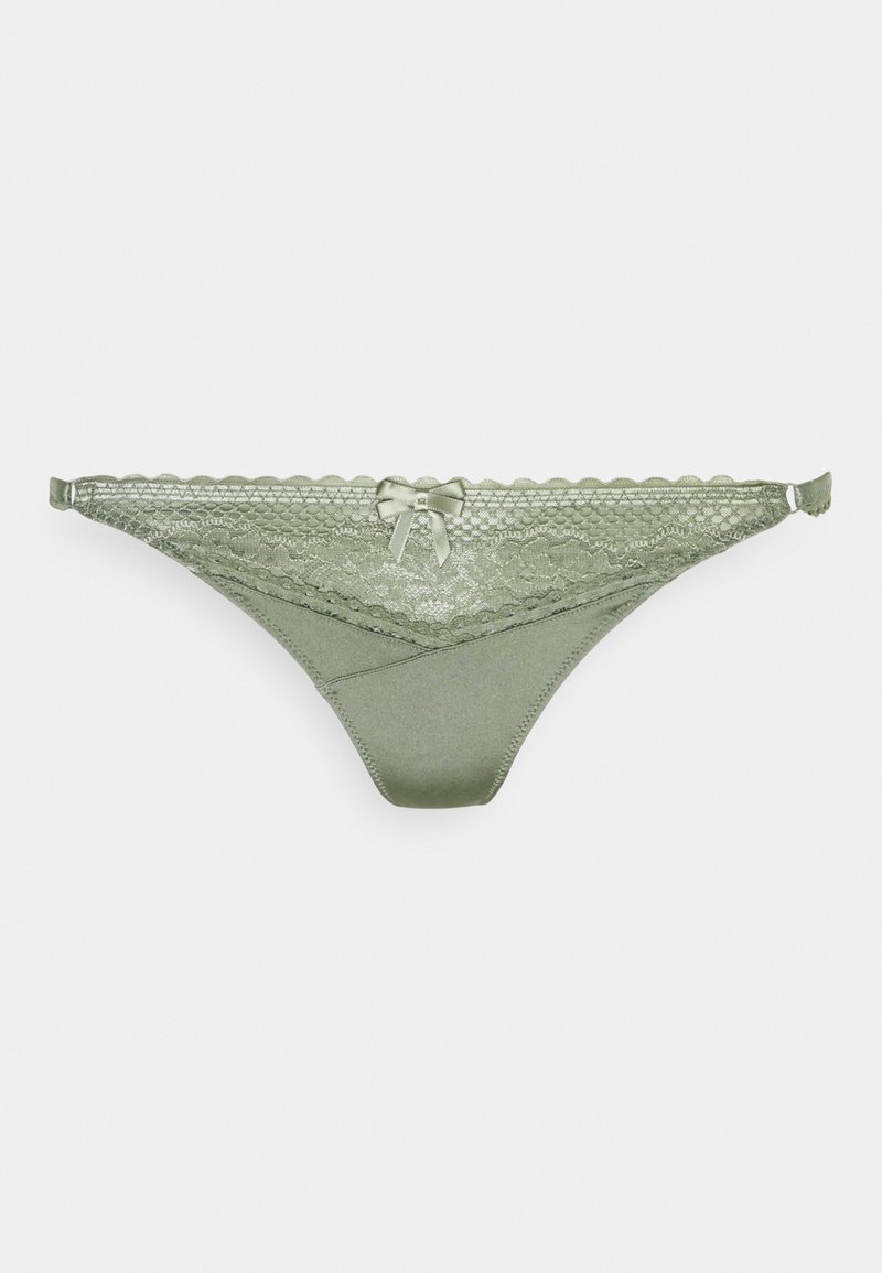 Olive green lace thong with a satin finish, featuring a scalloped edge, delicate stitching, and a small bow accent at the center back.