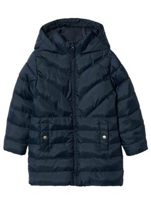 Manteau d'hiver matelassé bleu marine avec capuche, fermeture éclair devant, manches longues et poches à rabat avec boutons-pression.
