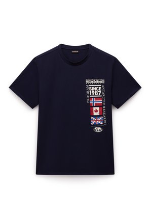 Navy blue cotton t-shirt featuring a graphic design with flags, the text "Napapijri," and "Since 1987." Round neck, short sleeves.
