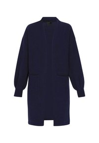 Langer navyblauer Cardigan mit weiten Ärmeln, gerippten Bündchen und Saum, offener Vorderseite und zwei Fronttaschen. Hergestellt aus weichem, strukturierten Stoff.