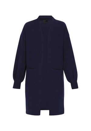 Dolga navy kardigan z širokimi rokavi, rebrastimi manžetami in robom, odprt spredaj, ter dvema sprednjima žepoma. Narejen iz mehkega, teksturiranega blaga.