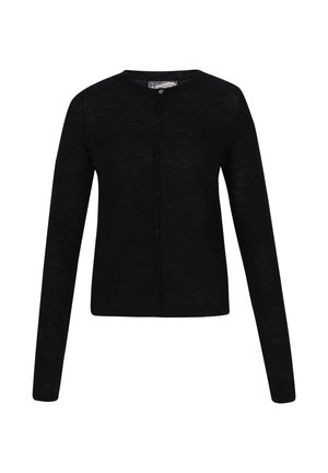 Cardigan noir en tissu léger, avec un col rond, des manches longues et une fermeture à boutons à l'avant. Texture lisse sans motifs.