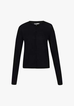 Schwarze Strickjacke aus leichtem Stoff mit Rundhalsausschnitt, langen Ärmeln und einer Knopfleiste auf der Vorderseite. Glatte Textur ohne Muster.