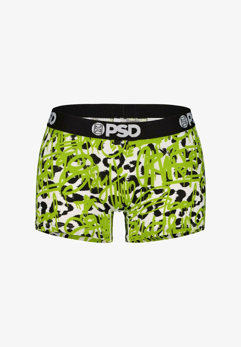 Herrers boxershorts i svart, vitt och neongrön. Har en blandning av grafitti-stil mönster på ett lätt, elastiskt tyg. Svart midjeband med logga.