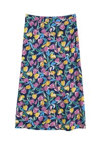 Floral skirt featuring a dark navy background with multicolored patterns of yellow, pink, and blue flowers and green leaves. Stretch waistband.