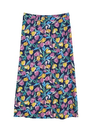 Maxirock mit dunklem Marinehintergrund und mehrfarbigen Mustern aus gelben, rosa und blauen Blumen sowie grünen Blättern. Mit dehnbarem Bund.