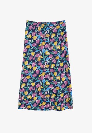 Gonna floreale con sfondo blu scuro e motivi multicolori di fiori gialli, rosa e blu e foglie verdi. Vita elastica.