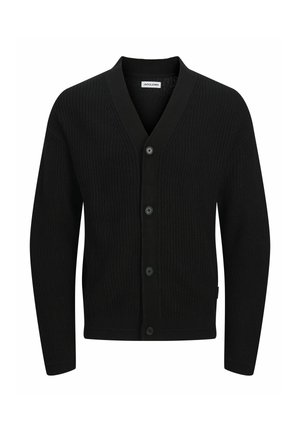 Cardigan en tricot noir avec col en V, comportant cinq boutons, texture côtelée et manches longues. Fabriqué en tissu doux pour le confort.