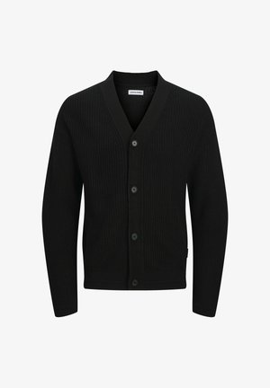 Cardigan en tricot noir avec col en V, comportant cinq boutons, texture côtelée et manches longues. Fabriqué en tissu doux pour le confort.