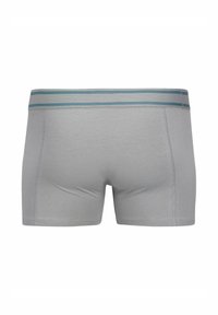 Boxer ajustados de hombre en gris con una cinturilla elástica a rayas en azul claro, costuras visibles y una textura de tela suave.