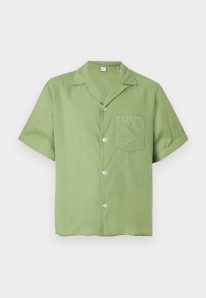 Light green, short-sleeve button-up shirt with a camp collar and single chest pocket, displayed on a plain white background.