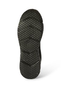 Suela de zapato de goma negra con un patrón hexagonal y ranuras texturizadas para tracción. Presenta un diseño contorneado para un movimiento flexible.
