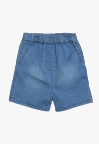 Shorts in denim con vita elasticizzata, due tasche laterali e colore azzurro chiaro. Il tessuto ha una finitura morbida e testurizzata.