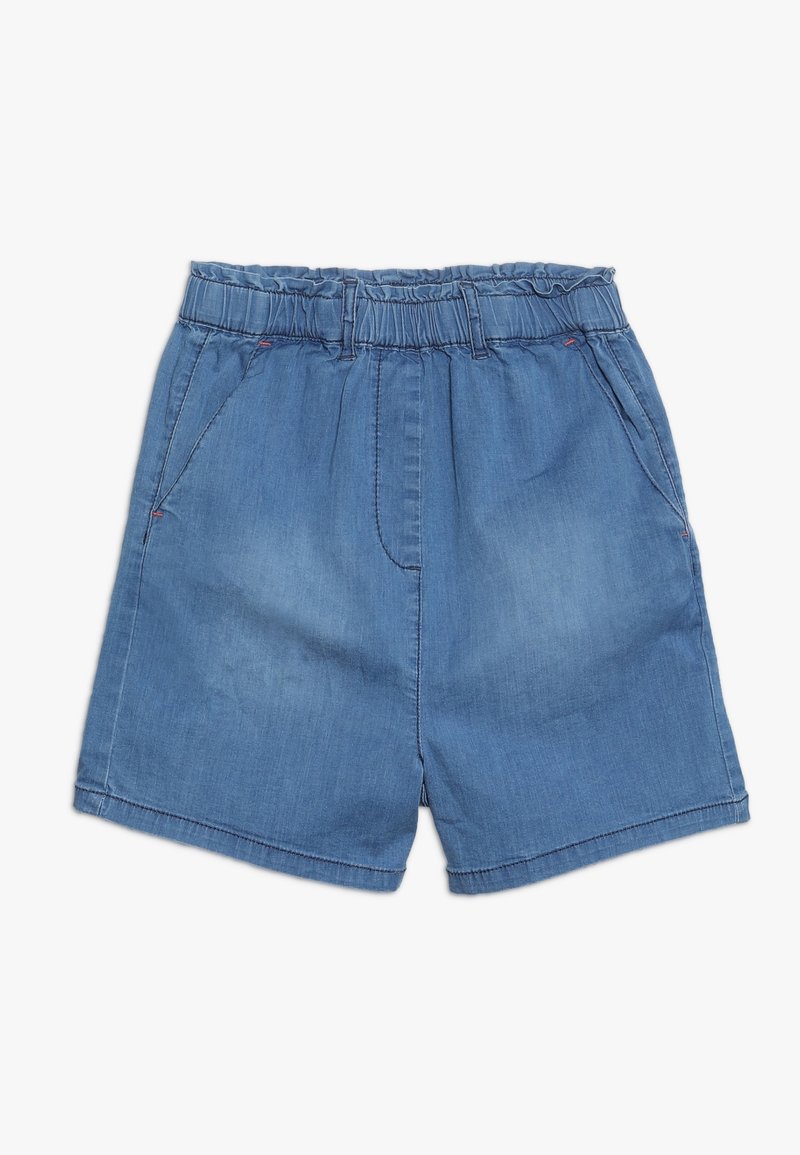 Shorts in denim con vita elasticizzata, due tasche laterali e colore azzurro chiaro. Il tessuto ha una finitura morbida e testurizzata.