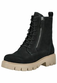 Stivale alla caviglia in suede nero con lacci, cerniera laterale e suola in gomma beige spessa, progettato per l'uso casual o all'aperto.