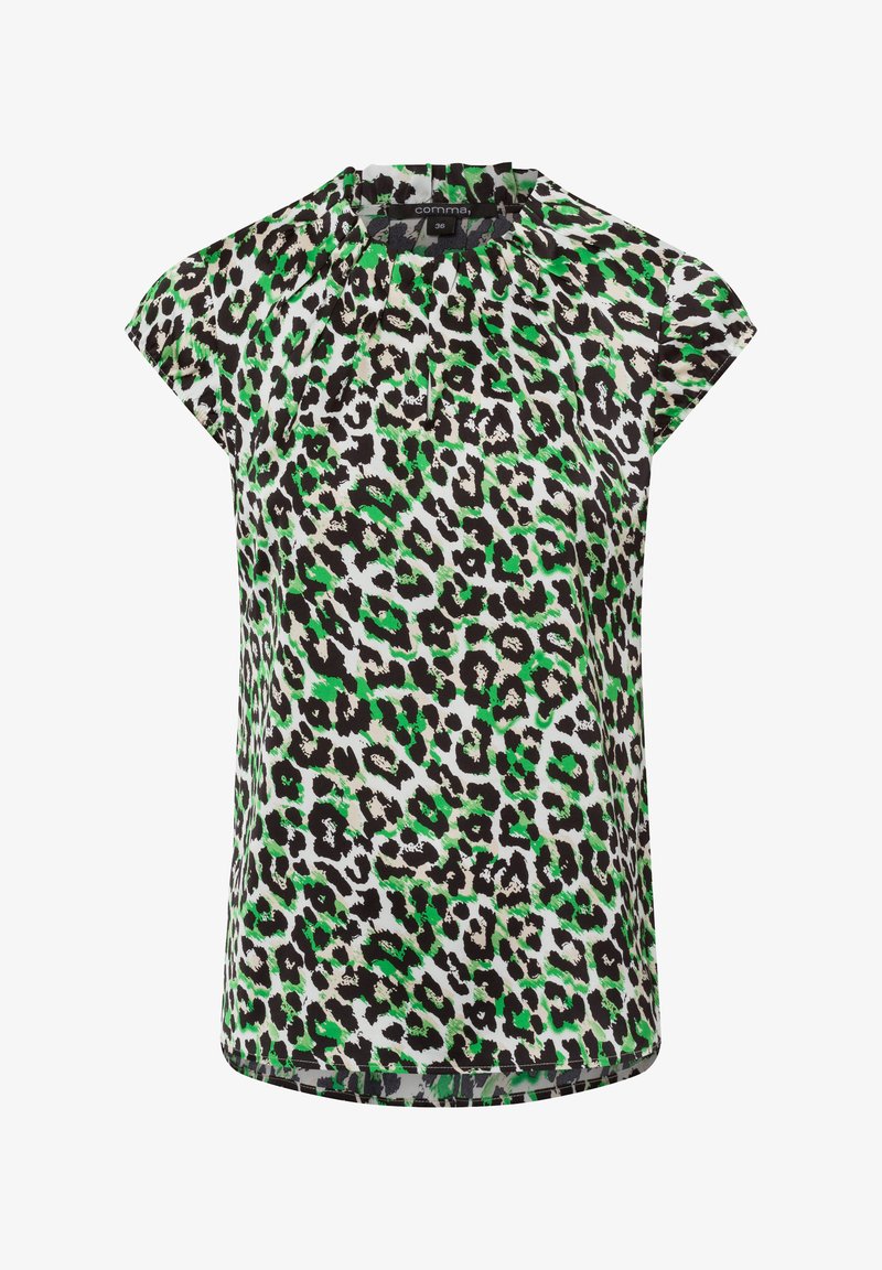 Short-sleeve top made of lightweight fabric, featuring a green and black leopard print pattern with a pleated neckline and a relaxed fit.