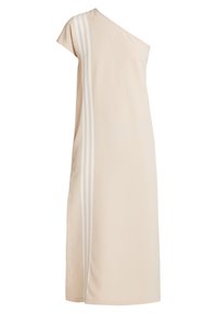 Asymetrické b éžové šaty s měkkou texturou; mají tři vertikální bílé pruhy na jedné straně a krátký rukáv.
