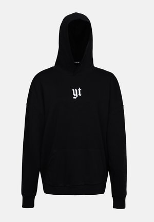 Black hoodie made of cotton blend, featuring a front pocket, ribbed cuffs, and a white logo "yt" in Gothic font on the chest.