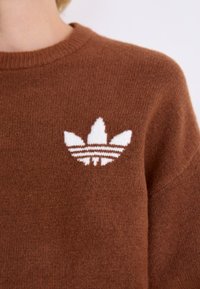 Καφέ πλεκτό πουλόβερ με λευκό λογότυπο Adidas trefoil στο στήθος, φορεμένο από ένα άτομο μπροστά σε απλό ανοιχτό φόντο.