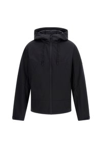 Juoda lauko striukė su kapišonu, priekyje užtrauktukas, raištelių akcentai ir lygi, tekstūruota apdaila. Yra siūlių detalizacija ir ilgomis rankovėmis.