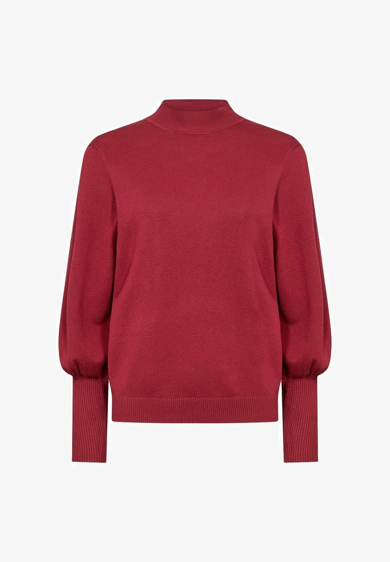 Rode gebreide trui met een hoge kol en ballonmouwen, en geribbelde manchetten. Glad oppervlak zonder zichtbare patronen of hardwaredetails.