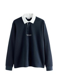 Tumesinise pika varrukaga polo särk valge kraega, ribakujuline tekstuur, kolme nupuga peitel ja rinnal brodureeritud "Portland" logo.