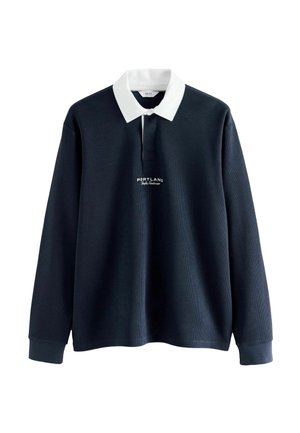 Navy long-sleeve polo shirt with white collar, ribbed texture, three-button placket, and embroidered "Portland" logo on the chest.