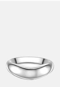 Srebrna zdjela s glatkom, reflektirajućom površinom, blago zakrivljenim rubovima i modernim, minimalističkim dizajnom. Nema vidljivih uzoraka ili akcenata.