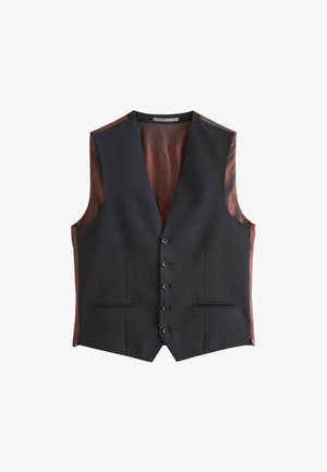 Schwarze Weste mit einem eleganten Design, ausgestattet mit einem tiefen V-Ausschnitt, sechs Knöpfen, Seitentaschen und einem kontrastierenden roten Satinfutter.