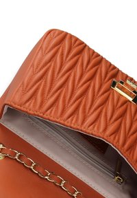 Borsa a tracolla in pelle arancione trapuntata con rifiniture in oro, dotata di una tracolla a catena e di una tasca interna con zip. Texture liscia e forma strutturata.
