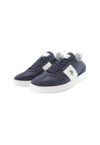 Navyblå lädersneakers med en vit läderrand, rund tå, texturerade mockadetaljer och en vit gummisula.
